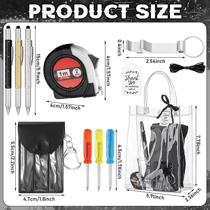 Leinuosen 6 Set Baby Shower Prizes for Men with Cleaning Cloth Bottle Opener Screwdriver Tape Measuring Keychain Multi Tool Pen Gift Bag Baby Shower Game Prizes for Winner(Black,Classic Style)