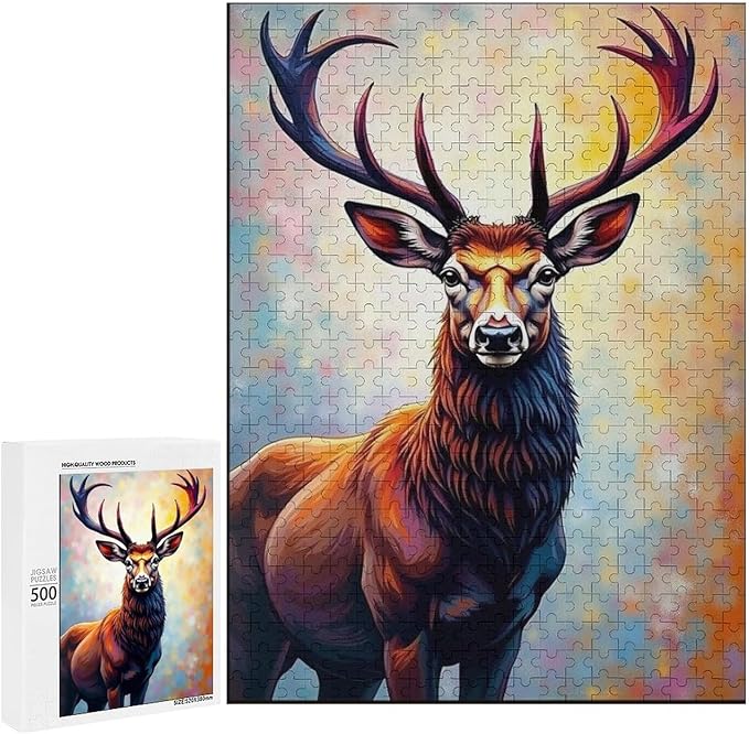 Wooden Puzzles 500 Piece，Color Abstract Deer Painting Themed Jigsaw Puzzles，Family Puzzles，Unique Gifts for Wall Art，Funny Puzzles，Stress Relief Games，Puzzle Games