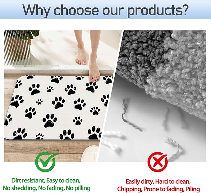 Black White Dog Paws Bath Mat 29.5"x17",Slim Low-Profile Fast Drying Super Absorbent Bathroom Rug with Non-Slip Backing, Easy-Clean Modern Floor Mat for Tub, Shower, or Entryway