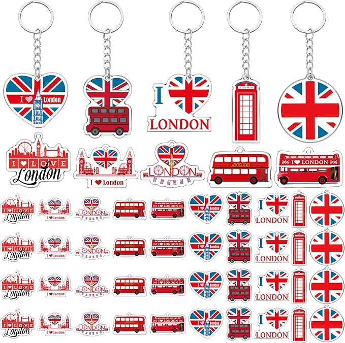50 Pcs London Souvenirs Acrylic Keychain Gifts Bulk London Keychain Bus Telephone Booth British Flag Travel Souvenirs