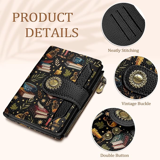 Book Witchy Wallet Women Small RFID Blocking Bifold, Credit Card Holder, Zipper Coin Pocket, PU Leather, Compact, Travel, 4 ID Window, 14 Card Slots, Cash Purse, Ladies Woman Female Girls