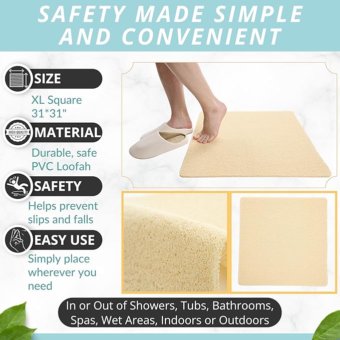 Square Shower Mat - Non Slip Shower Mats for Inside Shower - Extra Large 31x31 Shower Floor Mat Non Slip - Square Bath Mat for Shower - Secure Anti Slip Loofah Shower Bath Mat (31x31 Light Beige)