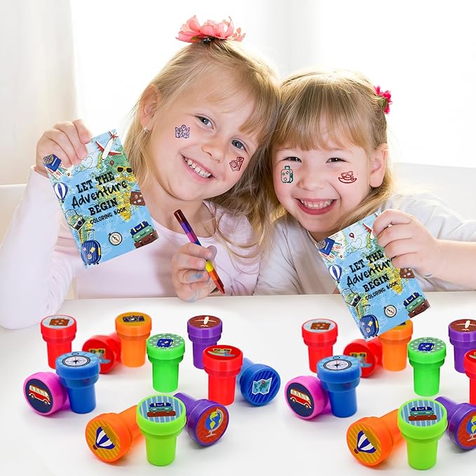 Cinrobiye 24 Pcs Adventure Travel Stampers for Boys Girls, Bon Voyage Birthday Party Supplies Favors, Classroom Rewards, Carnival Prizes, Goody Bag Pinata Fillers for Let the Adventure Begin Party