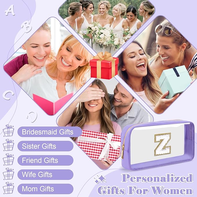 Personalized Initial Letter Clear Makeup Bag,Preppy Small Nylon&PVC Cosmetic Zipper Bag with Chenille Letter,Travel Skincare Toiletry Bag,Monogram Christmas Gift for Teen Girls Women,Z