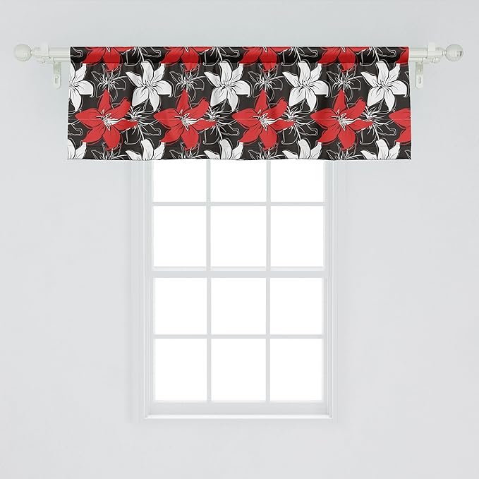 Ambesonne Floral Window Valance, Bedding Plants Flourishing Garden Pattern Retro Nature, Curtain Valance for Kitchen Bedroom Decor with Rod Pocket, 54" X 18", Vermilion White Black