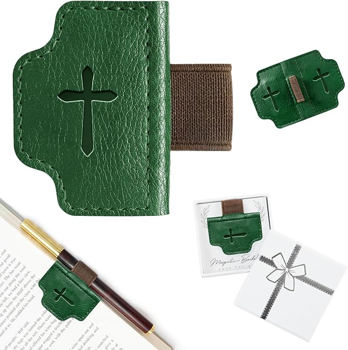 BygoneMark Magnetic Leather Bookmark with Pen Holder, Personalized Custom Initial Page Marker & Pen Clip, Professional Book Accessory for Students (Green-Cross)