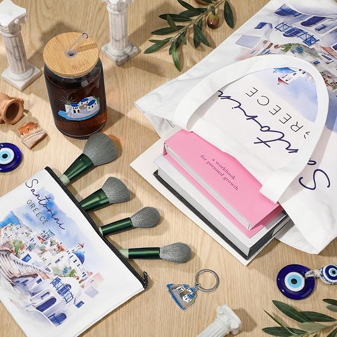 Chuangdi 4 Pcs Greece Souvenirs Gifts Set Canvas Bag Cosmetic Bag 16 oz Tumbler and Keychain Greece City Travel Gifts for Friend Lover Sister Traveler