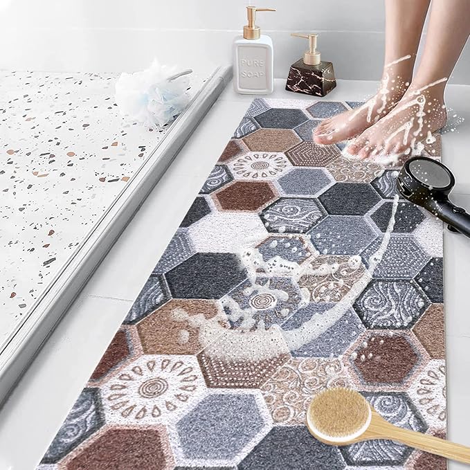 Bathtub Mat Shower Mat Non-Slip, 16x 39 Inch, Soft Comfort Bath Mat with Drainage Holes, PVC Loofah Massage Bathmat for Shower, Tub, Bathroom, Wet Areas, Quick Drying