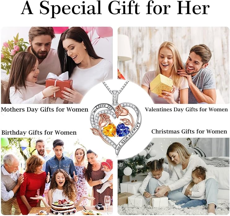 Iefil Valentines Day Gifts for Her - 925 Sterling Silver Rose Heart Birthstone Necklace Birthday Anniversary Jewelry Gifts for Her Wife Mom Daughter