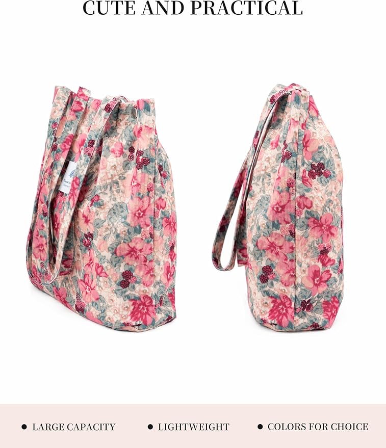 Corduroy Tote Bag Cute Tote Bags for Women Shoulder Bag with Inner Pocket for Work Beach Travel and Shopping Grocery