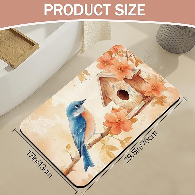 Bath Mat,Blue Bird Bathroom Rugs,Quick-Drying Non-Slip Rubber Bath Mats Fall Leaves Absorbent Diatomaceous Earth Mat for Bathroom Home Decor 17"x29.5"