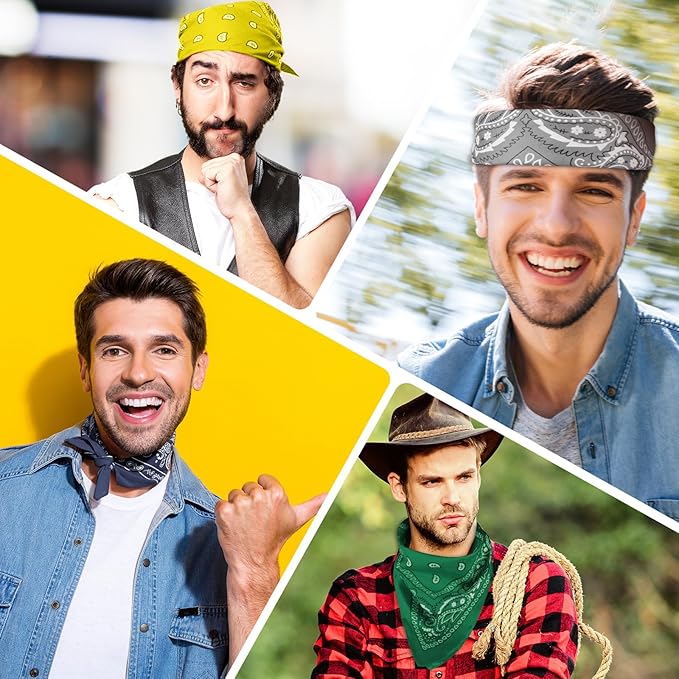 PLULON 30 Pack Bandanas for Men Women, Polyester Novelty Paisley Pattern Bandana Headbands Wristband Neckerchief Cowboy
