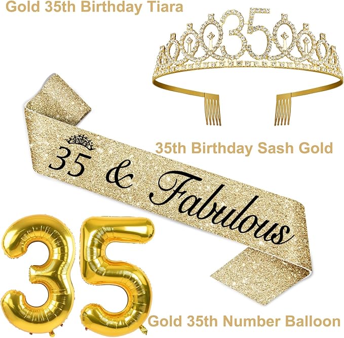 35th Birthday Decorations for Women Gold with 35th Birthday Sash and Tiara, Cake Topper and Candles, Number Balloons, 35 Year Old Gifts for Women