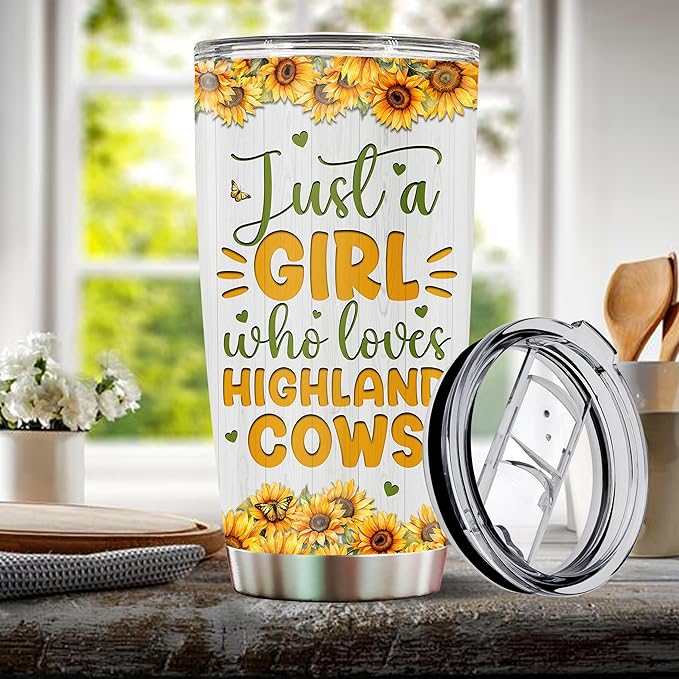Personalized Cow Gifts for Women Stainless Steel Tumbler 20oz With Lid Just A Girl Who Loves Highland Cows Travel Cup Coffee Mug Gift for Her Daughter Girls Kids