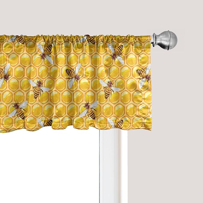 Ambesonne Bee Window Valance, Honeybees Working on Honeycomb Hard Worker Insects Illustration Print, Curtain Valance for Kitchen Bedroom Decor with Rod Pocket, 42" x 18", Orange Apricot