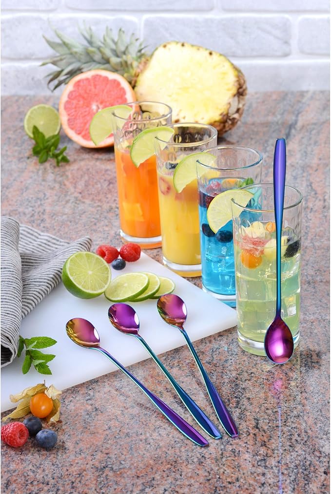 GRÄWE Long Handle Iced Tea Spoon, Coffee Spoon, Ice Cream Spoon, Spoons for desserts, Stainless Steel, Cocktail Stirring Spoons, Set of 6, Dishwasher Safe, Rainbow