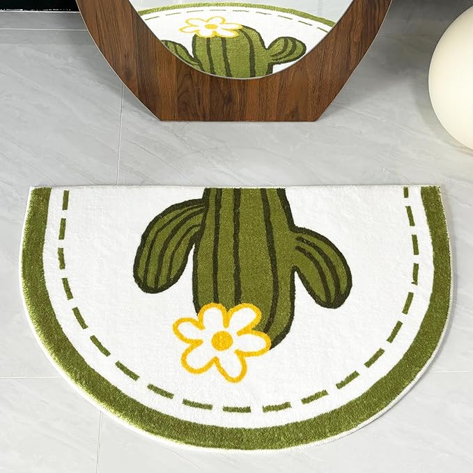 Washable Cute Bath Mat for Bathroom,31x20 Half Circle Non-Slip Small Thin Soft Bath Rugs, Absorbent Water Quick Dry Bath mats, Plush Carpet for Bathtub, Boho Farmhouse Decor (Green Cactus)