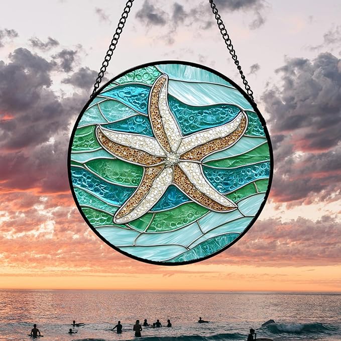 Stained Glass Window Hanging 4 Pcs Set Cyan Ocean Life Theme Large 11.8" - Sea Starfish Suncatcher Door Garden Sun Catcher Decor Birthday for Mom Woman Nana Men Friend