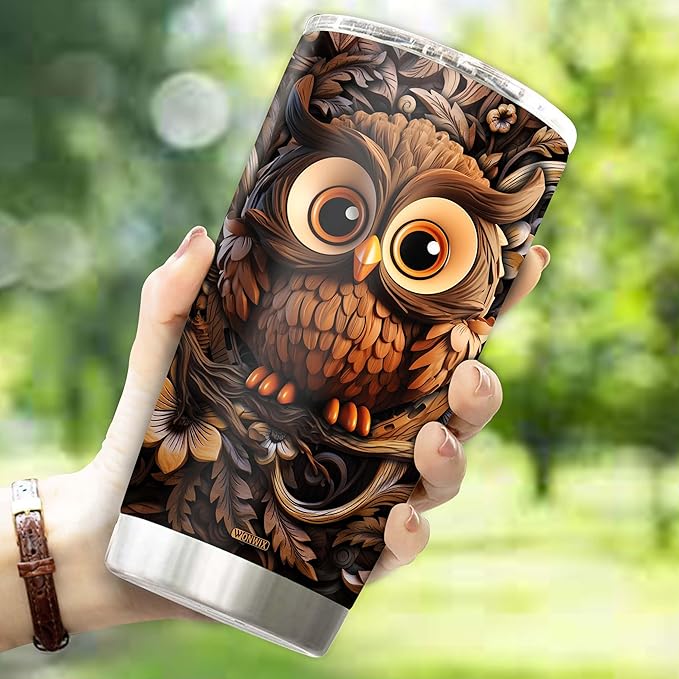 Owls Gifts for Women Girl 20oz Stainless Steel Insulated Tumbler Owl Wood Drawing Coffee Travel Mug Cup Water Bottle Gift for Her Mom Wife Daughter Birthday Christmas