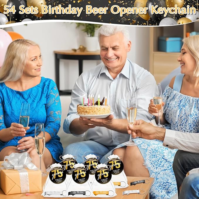 Dandat 54 Sets 75th Birthday Party Favors for Guests Birthday Beer Opener Keychain Cheers to 75 Bottle Opener Keychain with Thank You Cards and Gift Bags for Anniversary Wedding Party Favors