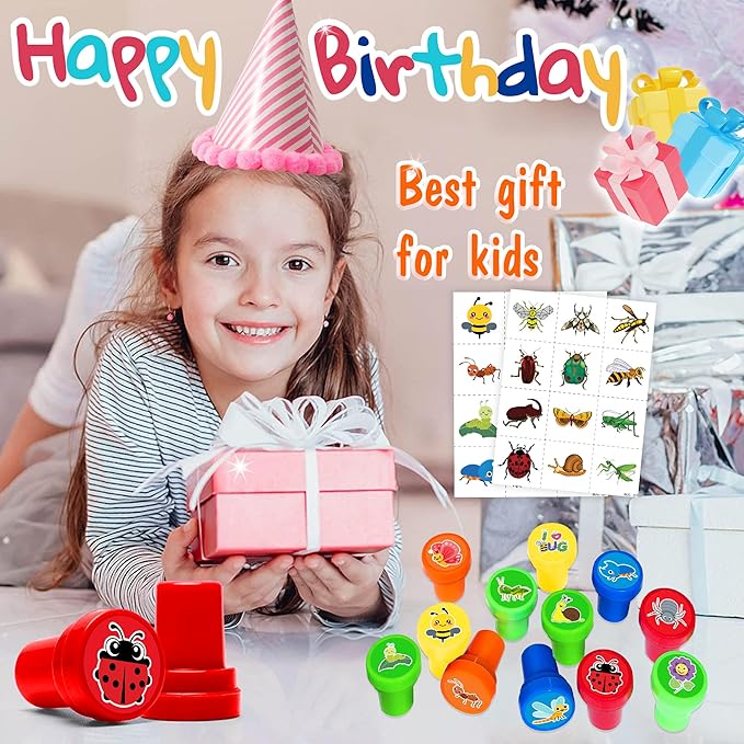 36PCS Bug Party Favors - 24PCS Pre-Cut Temporary Tattoos & 12PCS Stamps - Ideal Spring Summer Animal Themed Birthday Card Decorations Supplies Goodie Bag Kids Gifts Classroom Rewards Prizes