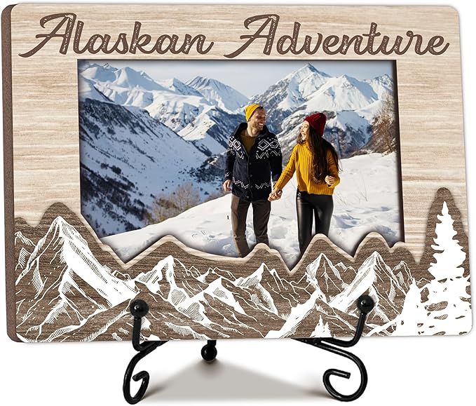 Alaska Adventure Photo Frame, Wooden Picture Frame with Stand, Alaska Vacation Friendship Gifts for Friends Family, 5 x 8 Picture Frame Gifts for Couple BFF, Home Office Desk Holiday Decorations-A01