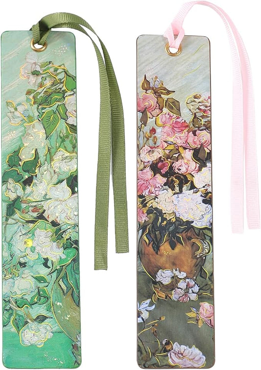 2Pcs Oil Painting Bookmarks for Women, Bookmarks Set for Book Lover, Book Marks for Reading, Vintage Book Marks for Kids Students Classroom Gift for Teacher Pink Roses & Roses