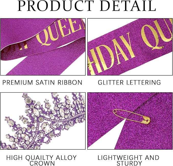 COCIDE Purple Birthday Queen Sash for Women Happy Birthday Crowns Princess Tiaras Sashes for Girl Crystal Party Decorations Rhinestone Headband Supplies Decor