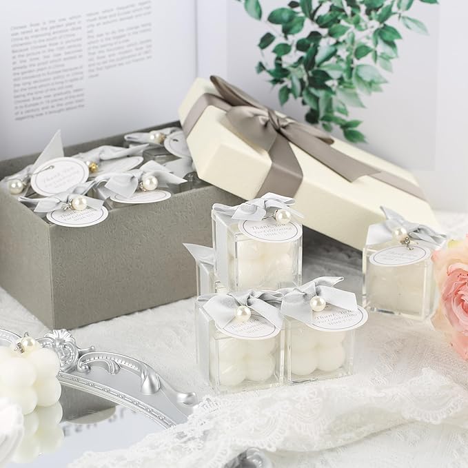 ACITHGL 30 Sets Small Bubble Candle Wedding Candles Favors for Guests Bulk Bridal Shower Favors Candles with Stylish Ribbons Thank You Cards Gifts (Shimmering Silver)