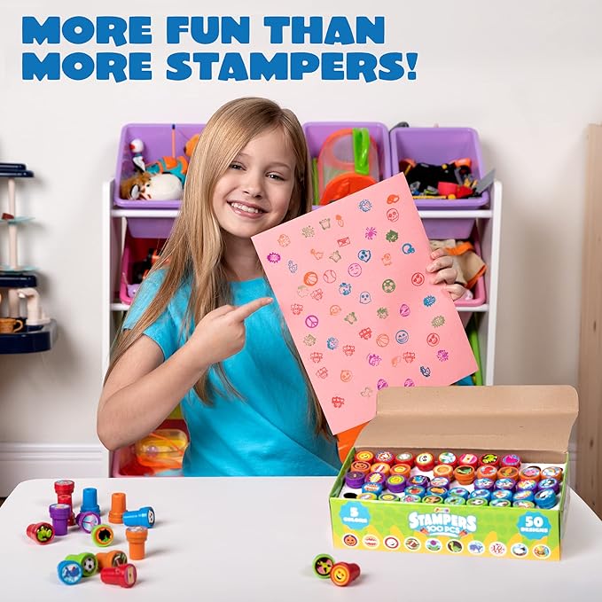 JOYIN 100 Pcs Assorted Stamps for Kids Self-Ink Stamps (50 Different Designs, Dinosaur, Zoo Safari Stampers) for Party Favor, Carnival Prizes, School, Easter Egg Stuffers, Halloween, Christmas