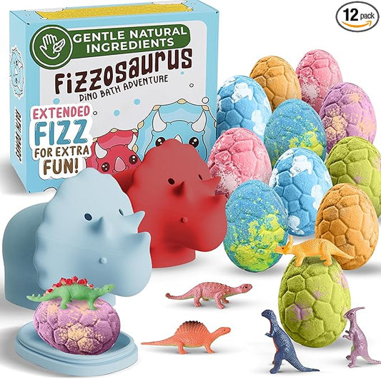 All Natural Bath Bombs for Kids with Surprise Toys Inside with Child Safe Dino Diffusers- 12 Pack Organic Dinosaur Bath Bombs with Toys Inside - Dino Bath Bomb for Kids