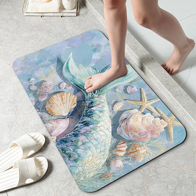 Bathroom Rug 29.5"x17",Mermaid Shell Bath Mat with Non-Slip Rubber Backing, Quick-Drying Absorbent Thin Floor Mat for Bathroom, Shower, Sink, or Kitchen