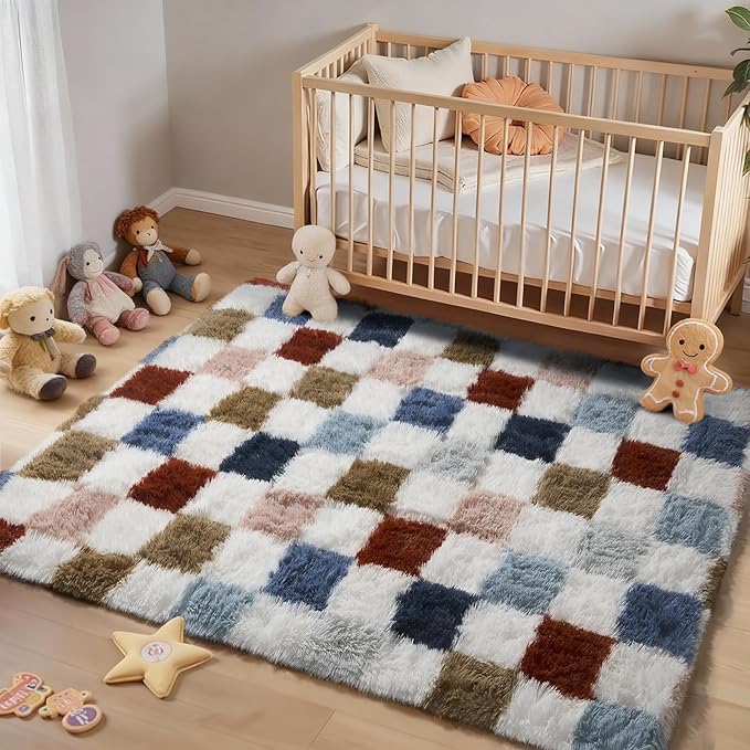 Ophanie Checkered Rainbow Rug for Living Room Bedroom, Colorful Fluffy Soft Cute Fuzzy Area Rugs, Shag Plush Shaggy Bedside Floor 4x6 Furry Carpet for Kids Baby Teen Dorm Nursery Home Decor Aesthetic