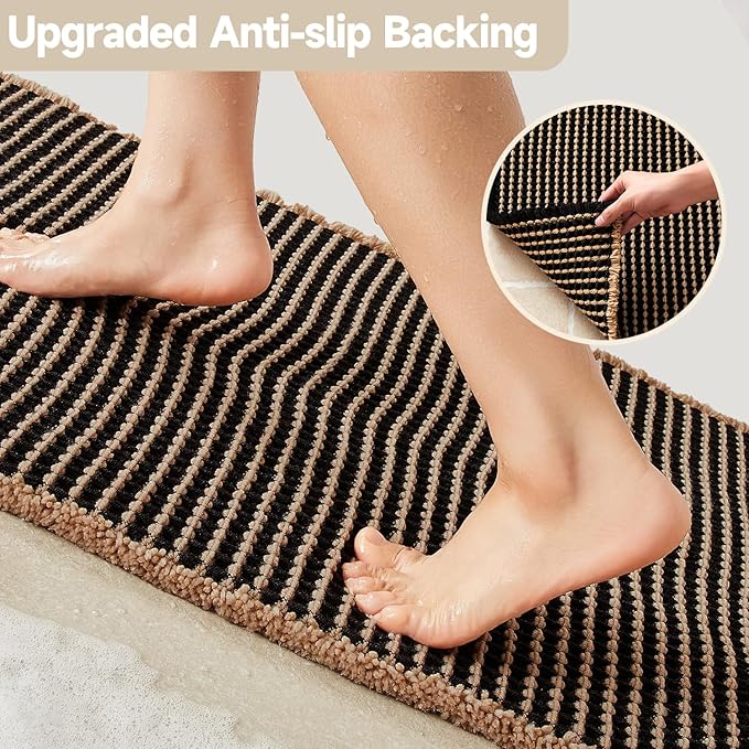 Waffle Bath Mat, Boho Bathroom Rugs Non Slip Washable Super Absorbent Quick Dry Bath Mat Farmhouse Bathroom Decor, 24"x16" Khaki and Black