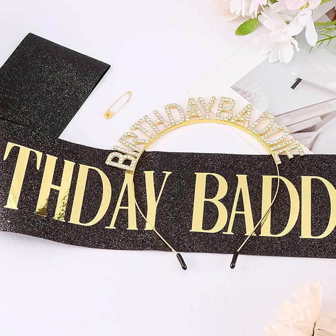 Canitor Birthday Baddie Sash Crown Set Birthday Gifts Party Favors Supplies Decorations & Accessories for Women Girl Adult Dress Outfits Rhinestone Tiara Headband Soft Satin Sash