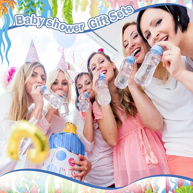 TrelaCo Cool Baby Shower Games Bottle Chug Sign and 12 Pcs Baby Bottle Shower Favor Bottles for Gender Reveal Games (Blue, Under the Sea)
