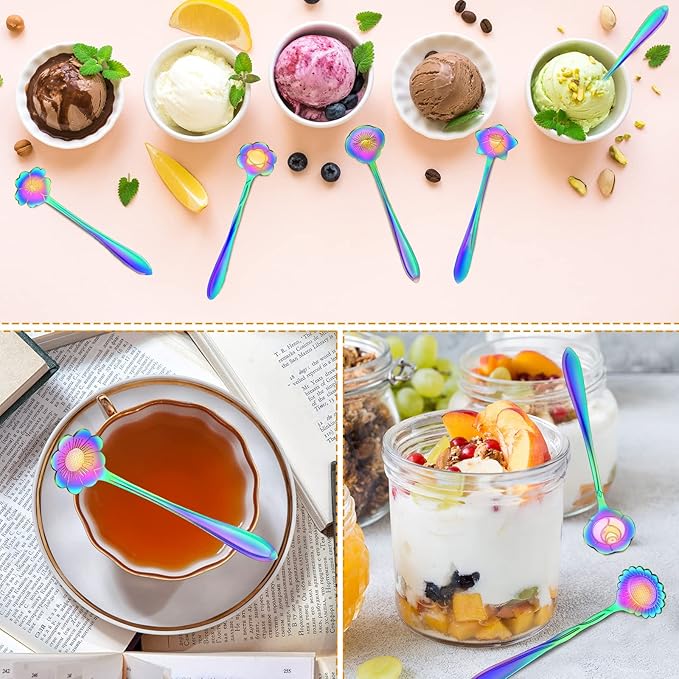 EBOOT 40 Pcs Rainbow Flower Teaspoon Stainless Steel Tea Party Spoons Mini Cute Teaspoon for Stirring Coffee Sugar Drink Demitasse Kitchen Bar Tableware Party Favors Decorations