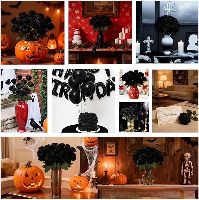Roses Artificial Flowers, Black Flowers with Stem Valentine Anniversary Sympathy Memorial Gift, Fake Silk Roses Indoor Outdoor Decor for Funeral Wedding Birthday Party Christmas Halloween(24, Black)