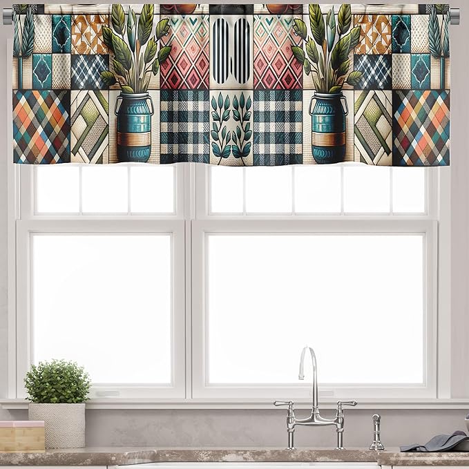 Ambesonne Bohemian Window Valance, Checkered Design Leafy Jar Illustration with Groovy Plaid Boho Modern, Curtain Valance for Kitchen Bedroom Decor with Rod Pocket, 42" x 12", Teal Pink and Green