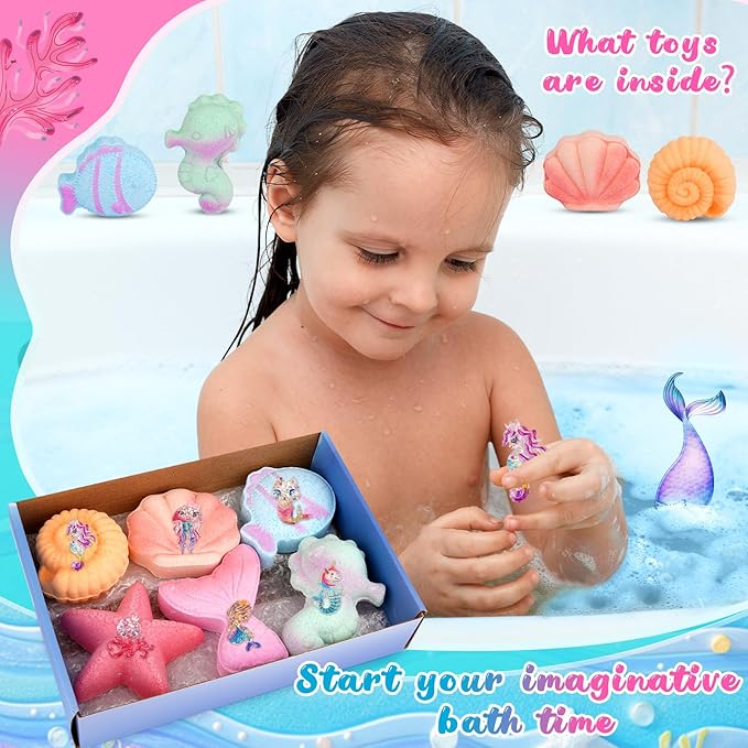 Mermaid Bath Bombs for Girls Kids with Surprise Inside, 6PCS Organic Essential Oil Bubble Bath Bombs for Kids，Christmas Birthday Gift for 3-8 Mermaid Princess Party Favors