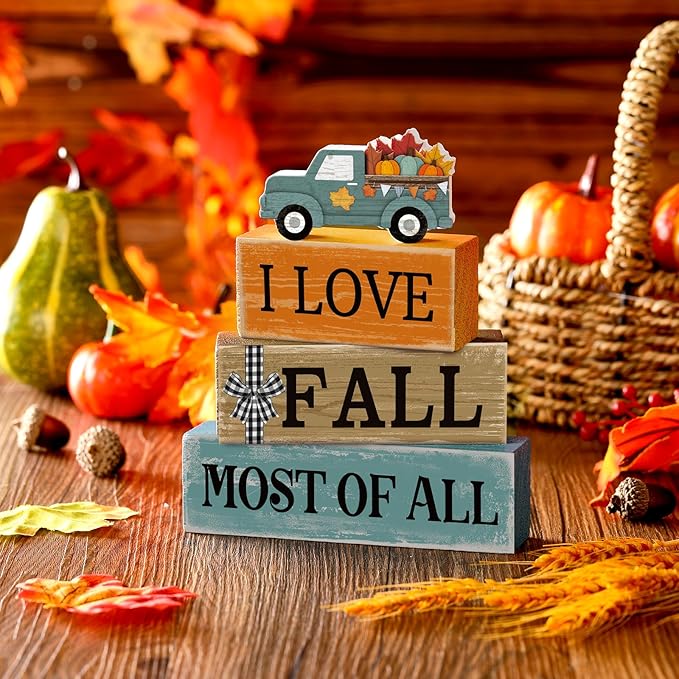 4 Pcs Thanksgiving Decoration for Home Fall Truck Decor Fall Tiered Tray Decor Rustic Wooden Truck Block Sign Gift Thanksgiving Centerpiece Autumn Table Decorations for Harvest Party Kitchen Home