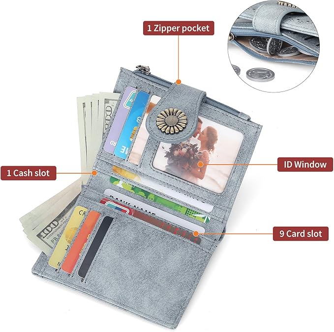 SENDEFN Small Wallets for Women Bifold RFID Blocking Leather Card Holder Compact Wallet with Zipper Coin Pocket
