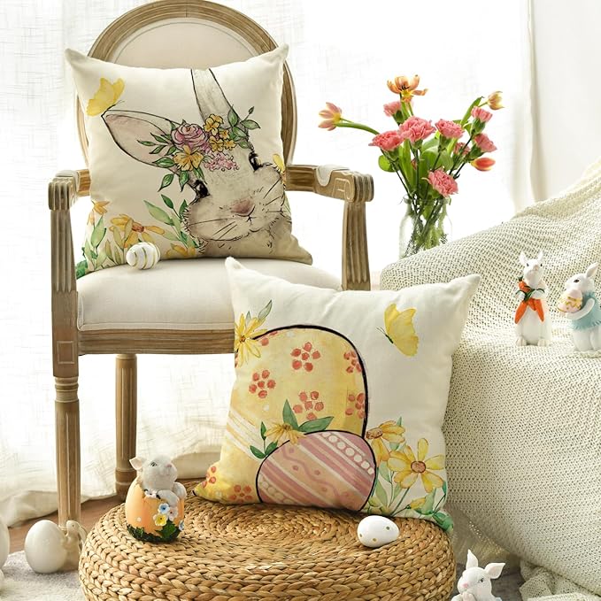 AVOIN colorlife Happy Easter Hunny Bunny Yellow Throw Pillow Covers, 18 x 18 Inch Easter Eggs Bunny Spring Cushion Case for Sofa Couch Set of 4