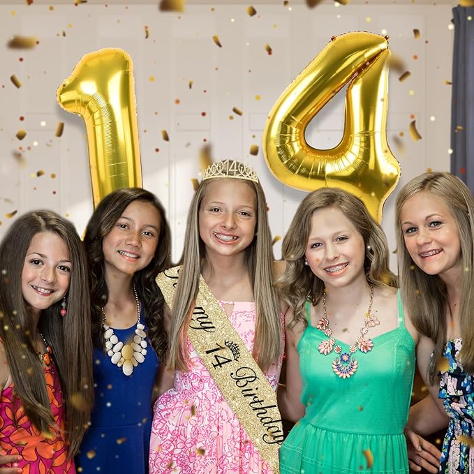 14th Birthday Decorations for Girls Gold with 14th Birthday Sash and Tiara, Candles and Cake Toppers, Number Balloon, 14 Year Old Gifts for Girls