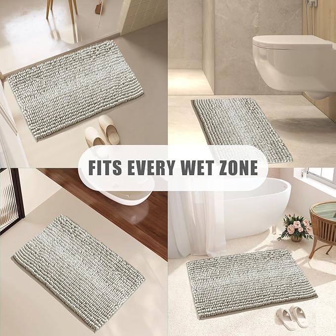 HDFK Bath Mat & Bathroom Rug - Oversized Chenille Soft, Quick-Dry Non-Slip Shower Carpet with Hot Melt Adhesive Base, Machine Washable Striped Design for Bathtub Floors (32x20 Inch, Tan & White)