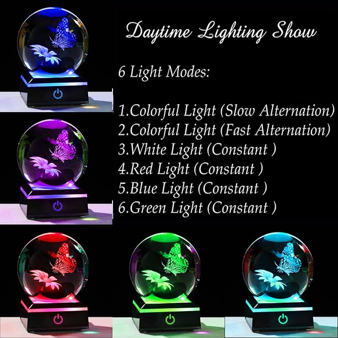3D Crystal Ball 3.14'' - Laser Butterfly Decor Glass Animals Figurines Statue Night Light