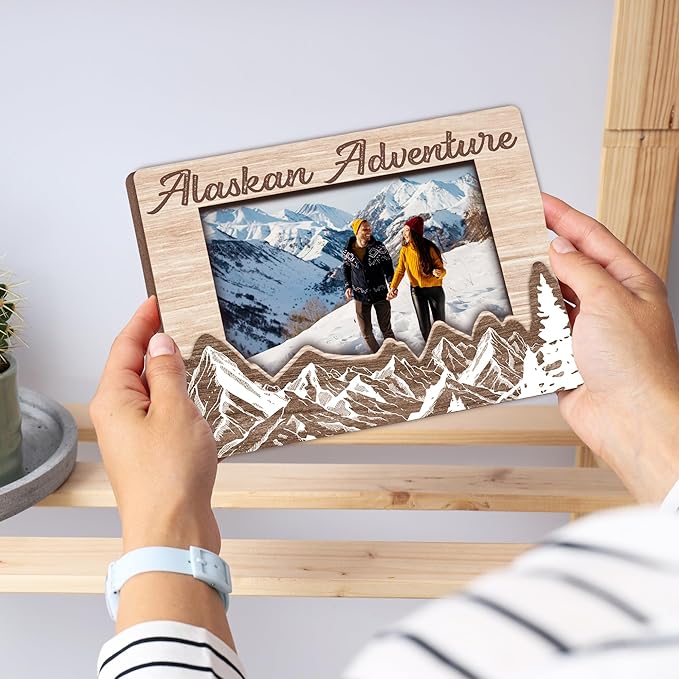 Alaska Adventure Photo Frame, Wooden Picture Frame with Stand, Alaska Vacation Friendship Gifts for Friends Family, 5 x 8 Picture Frame Gifts for Couple BFF, Home Office Desk Holiday Decorations-A01