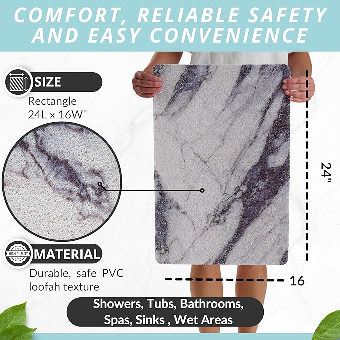 ENKOSI Loofah Non-Slip Shower and Bath Mat - Soft Cushioned Comfort - No Suction Cups for Smooth or Textured Tubs - Fast Draining - Safety for Bathroom, Family, and Elderly (24x16 Marble Grey Blue)