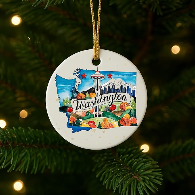 USA State Landmark Ceramic Ornament – Round Glossy Christmas Decoration Featuring U.S. State Art, Landmarks & Holiday Scenery – Collectible Travel Souvenir Ornament Series (Washington)