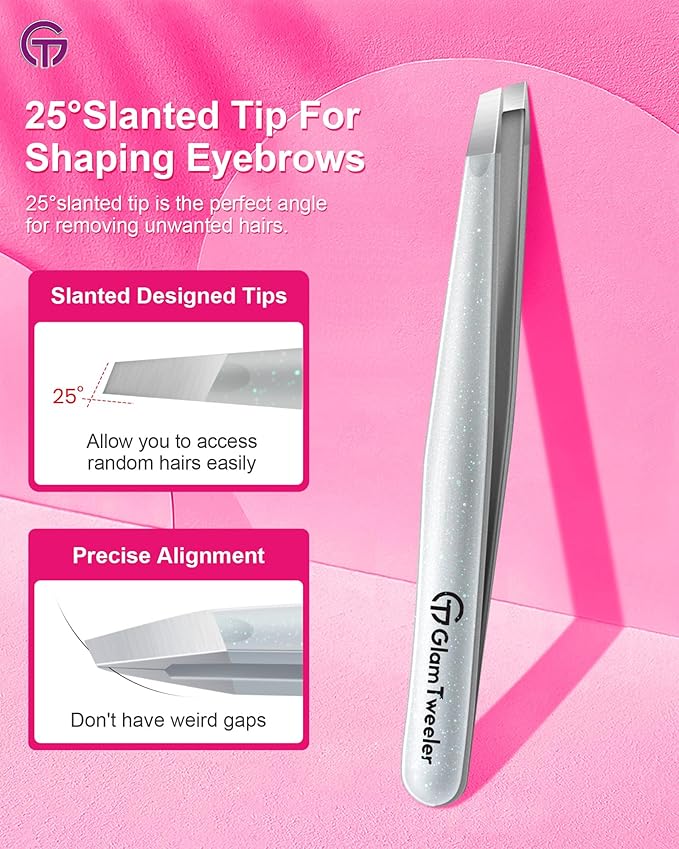 Expert Slant Tip Tweezers with Leather Case, GlamTweeler Sharp & Precision Stainless Steel Tweezer for Eyebrows, Facial Hair and Fine Hairs Removal (Sparkle Silver)